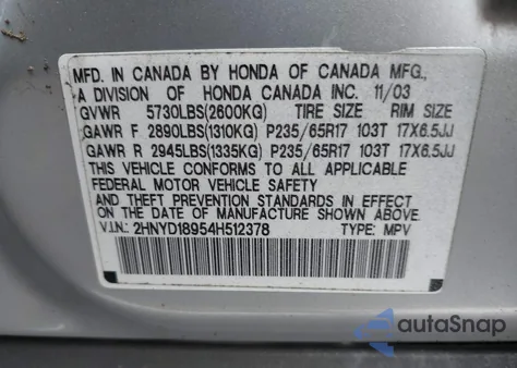 2004 Acura Mdx из США, поврежденный, VIN 2HNYD18954H512378